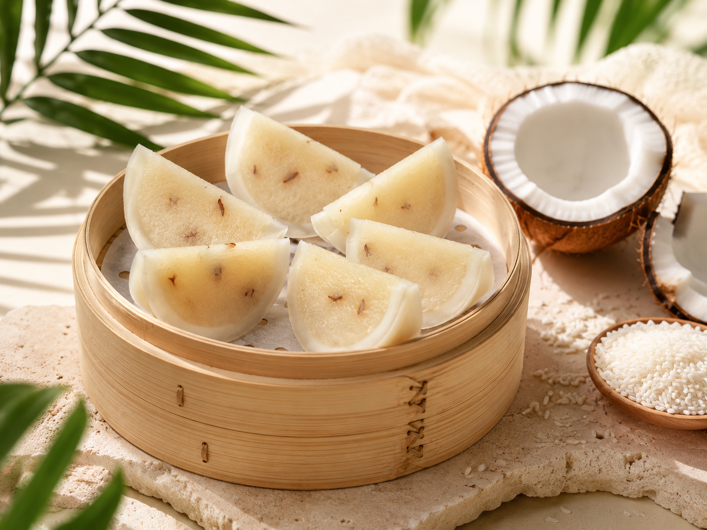 原味椰子饭加热切块装盘展示